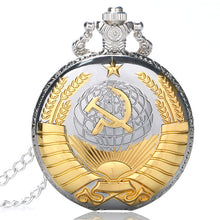 Load image into Gallery viewer, Retro UDSSR Sowjetische Abzeichen Sichel Hammer Stil Quarz Taschenuhr CCCP Russland Emblem Kommunismus Unisex Halskette Kette Stunden Uhr