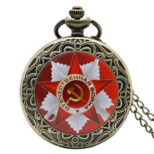 Load image into Gallery viewer, Retro UDSSR Sowjetische Abzeichen Sichel Hammer Stil Quarz Taschenuhr CCCP Russland Emblem Kommunismus Unisex Halskette Kette Stunden Uhr