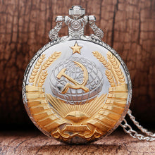 Load image into Gallery viewer, Retro UDSSR Sowjetische Abzeichen Sichel Hammer Stil Quarz Taschenuhr CCCP Russland Emblem Kommunismus Unisex Halskette Kette Stunden Uhr
